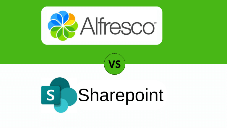 Image de comparaison montrant le logo d'Alfresco sur un fond vert contre le logo de SharePoint sur un fond blanc, avec une étiquette 'VS' au centre